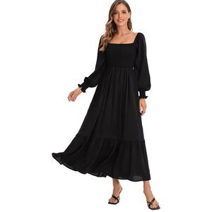 NEW Square Neck Flounce Shirred Ruffle Hem Maxi Dress S